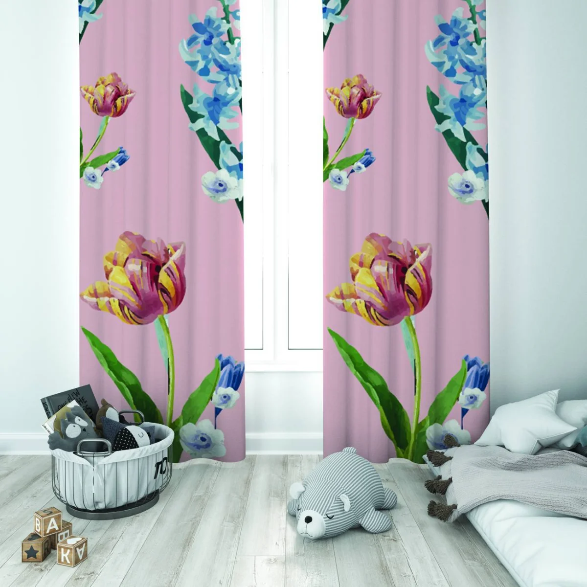 Çiçekli Harf Fon Perde | Pembe lale, sümbül ve çeşitli çiçekler Desenli