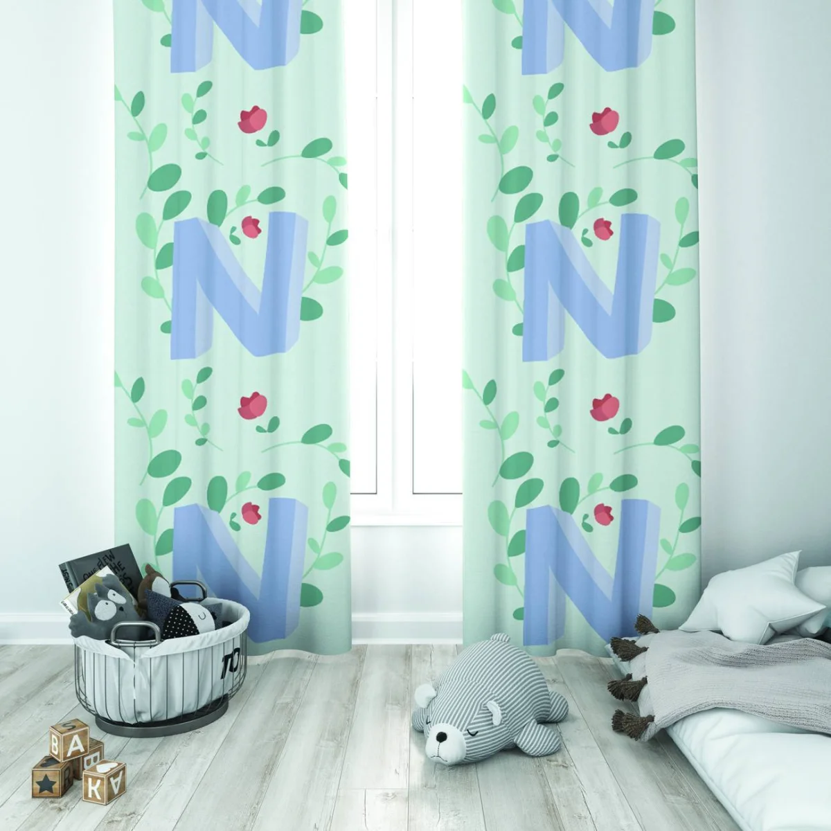 Baş Harf ve Çiçek Çelengi Fon Perde | Açık Mavi yapraklar, küçük kırmızı çiçekler Desenli