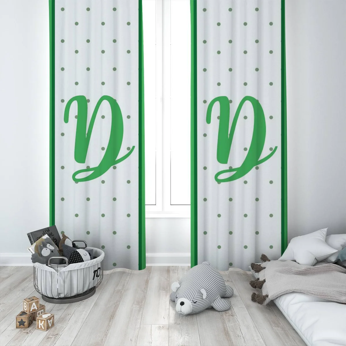 Monogram Fon Perde | Beyaz yeşil puantiyeler, büyük yeşil harf Desenli