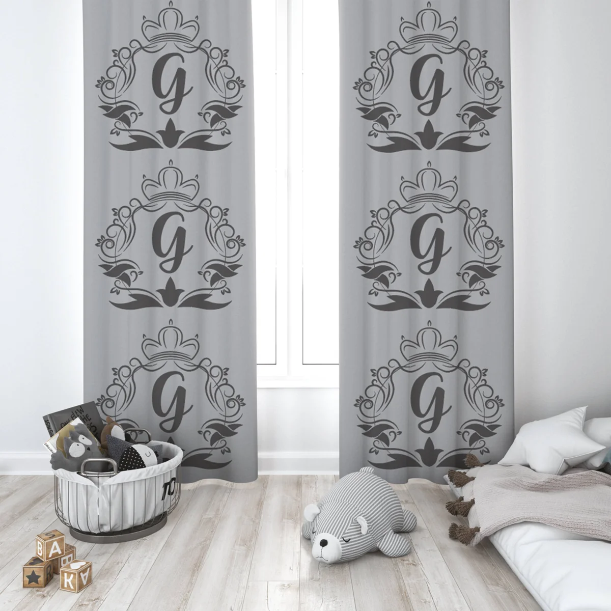 Monogram G Fon Perde | Gri Taç, süslemeli çerçeve Desenli