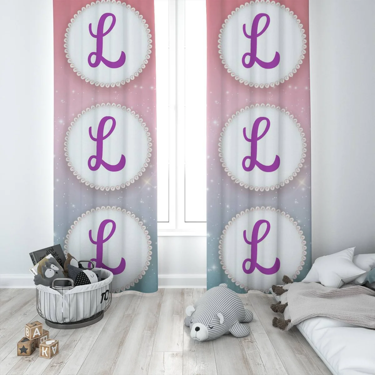 Kişiye Özel Harf Fon Perde | Pembe yıldız, parıltı Desenli