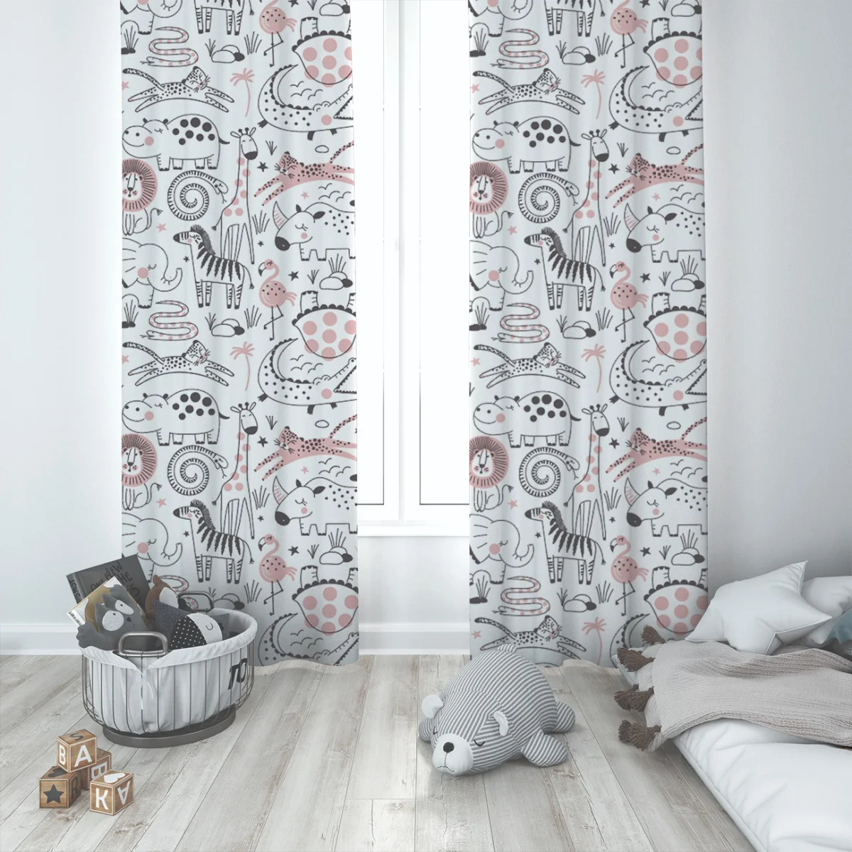 Orman Hayvanları Fon Perde | Beyaz yıldız, bitki Desenli