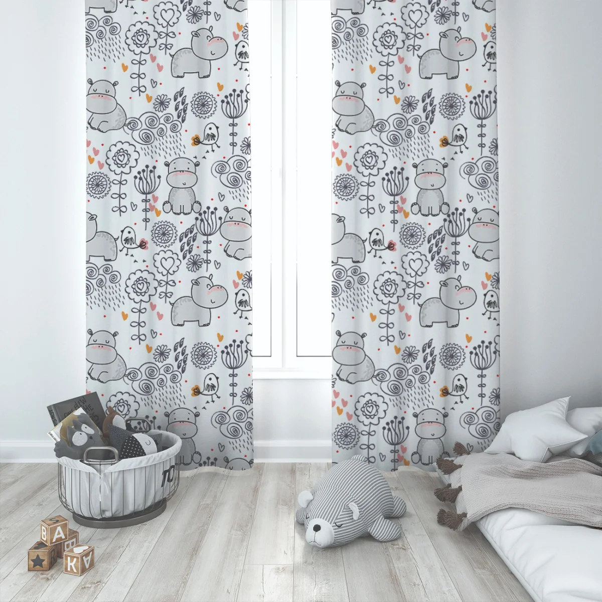 Su Aygırları Fon Perde | Beyaz Çiçekler, kalpler Desenli