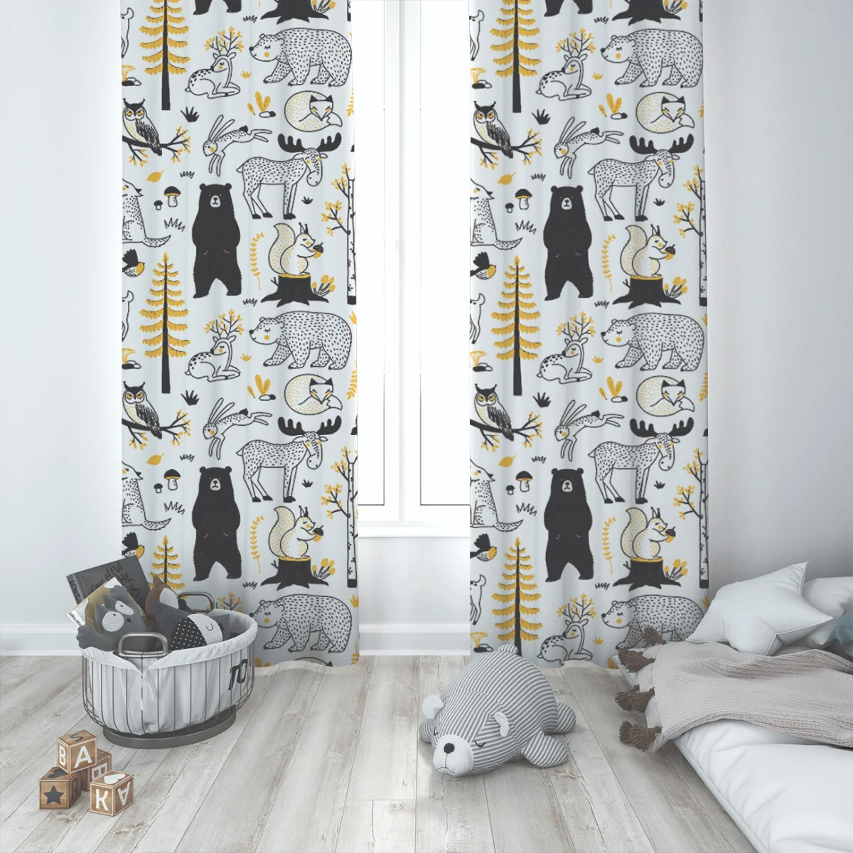 Orman Hayvanları Fon Perde | Beyaz Ağaçlar, mantarlar Desenli