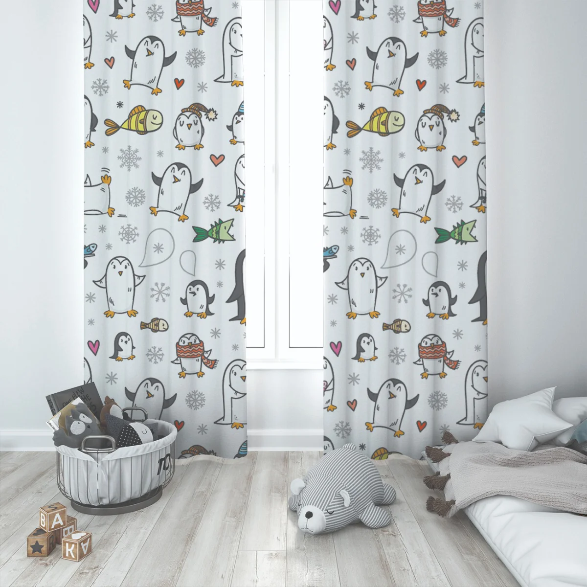 Penguen Fon Perde | Beyaz Kar taneleri, kalpler Desenli