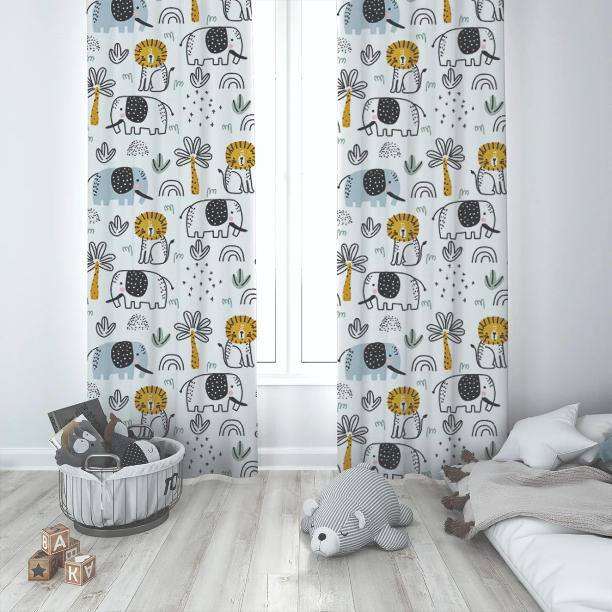 Orman Hayvanları Fon Perde | Beyaz palmiye ağaçları, gökkuşağı Desenli