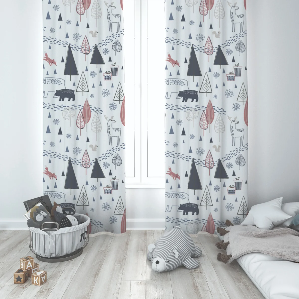 Orman Hayvanları Fon Perde | Beyaz kar taneleri, ayak izleri Desenli