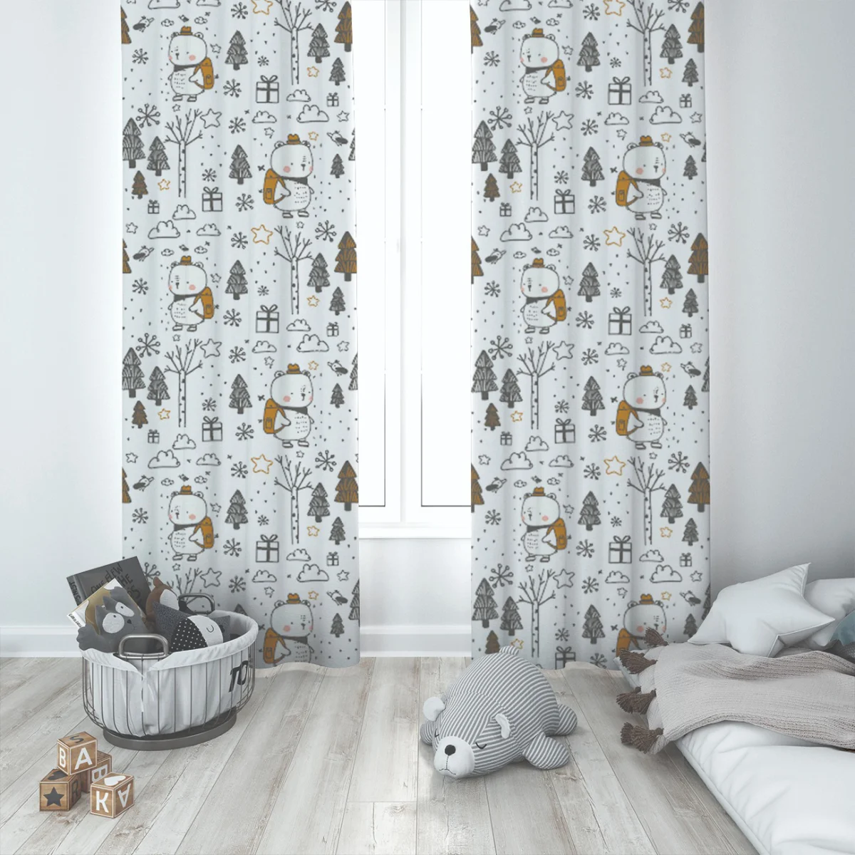 Orman Hayvanları Fon Perde | Beyaz ağaçlar, kuşlar Desenli