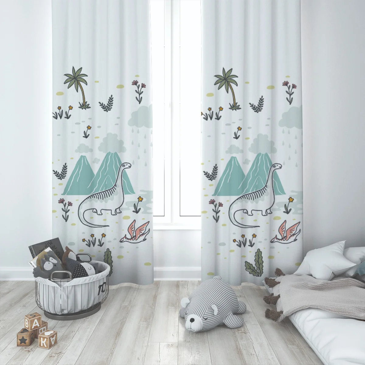 Dinozorlar Fon Perde | Beyaz dağlar, bulutlar Desenli