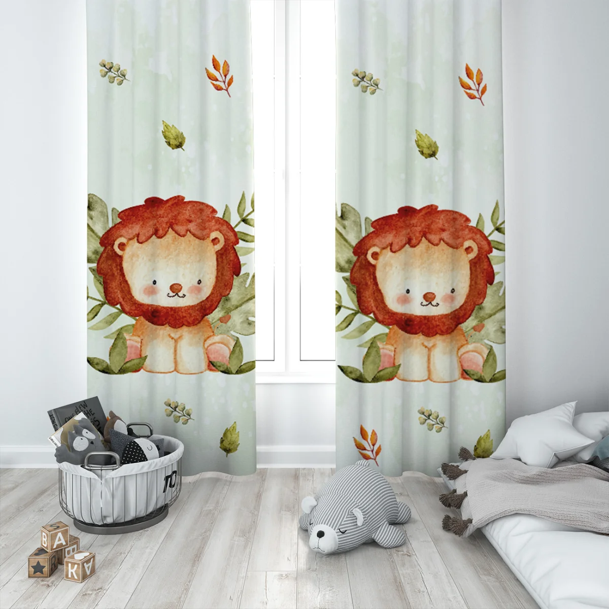 Orman Hayvanları Fon Perde | Yeşil yapraklar, minik beyaz benekler Desenli