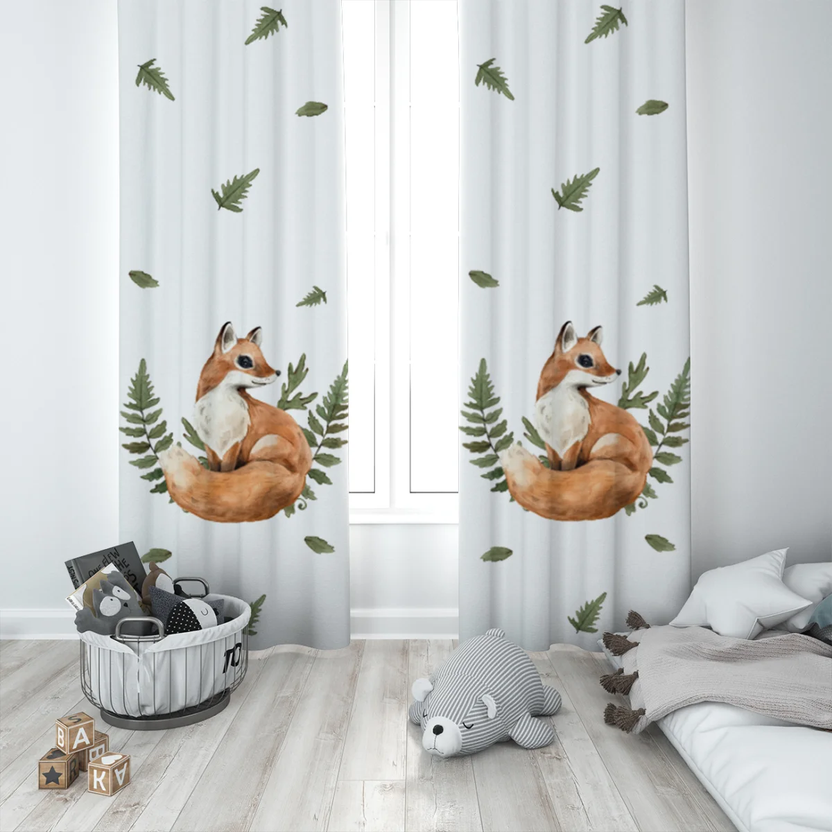 Tilki, Orman Hayvanları Fon Perde | Beyaz Eğrelti otu, düşen yapraklar Desenli