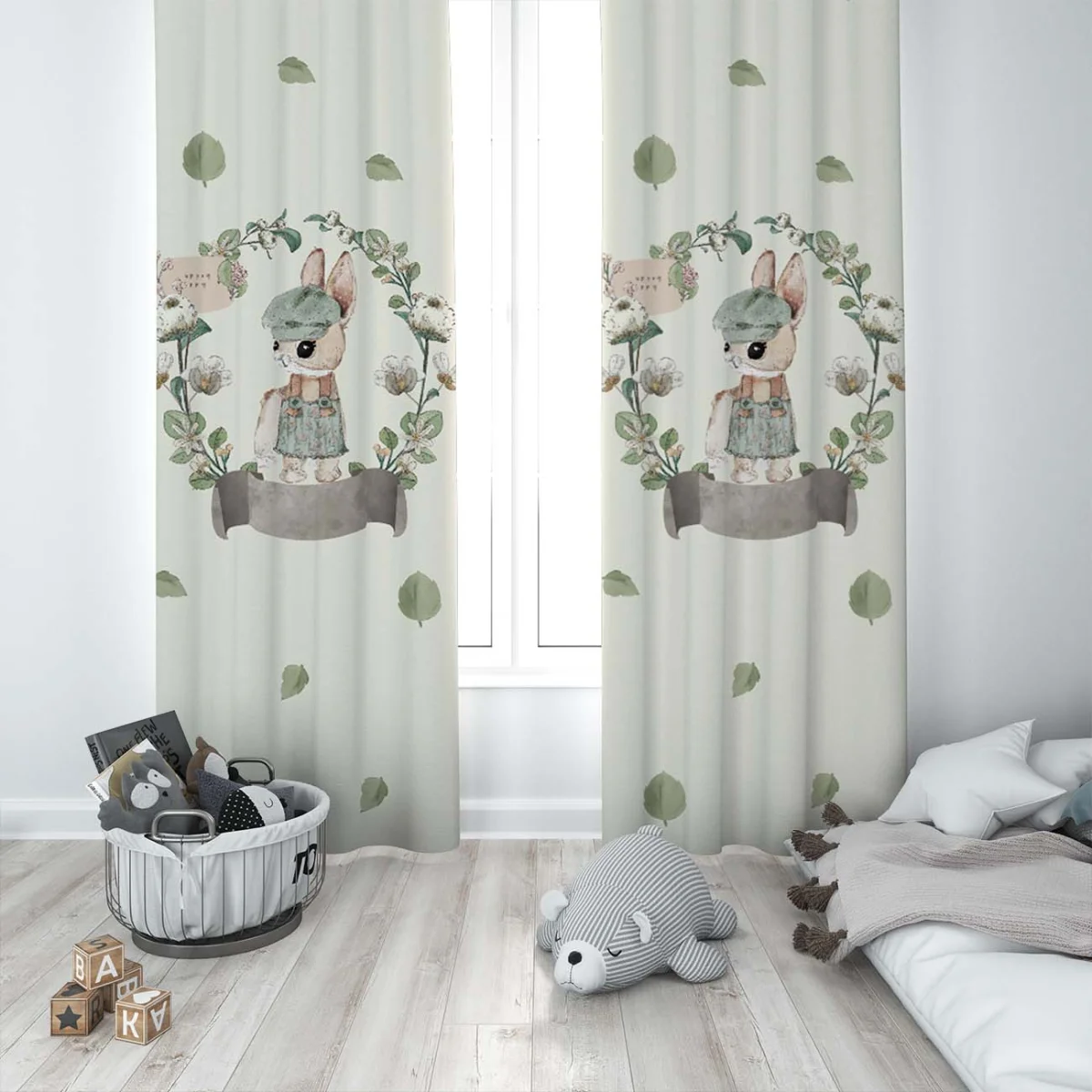 Tavşan Fon Perde | Krem yapraklar, çiçekler Desenli