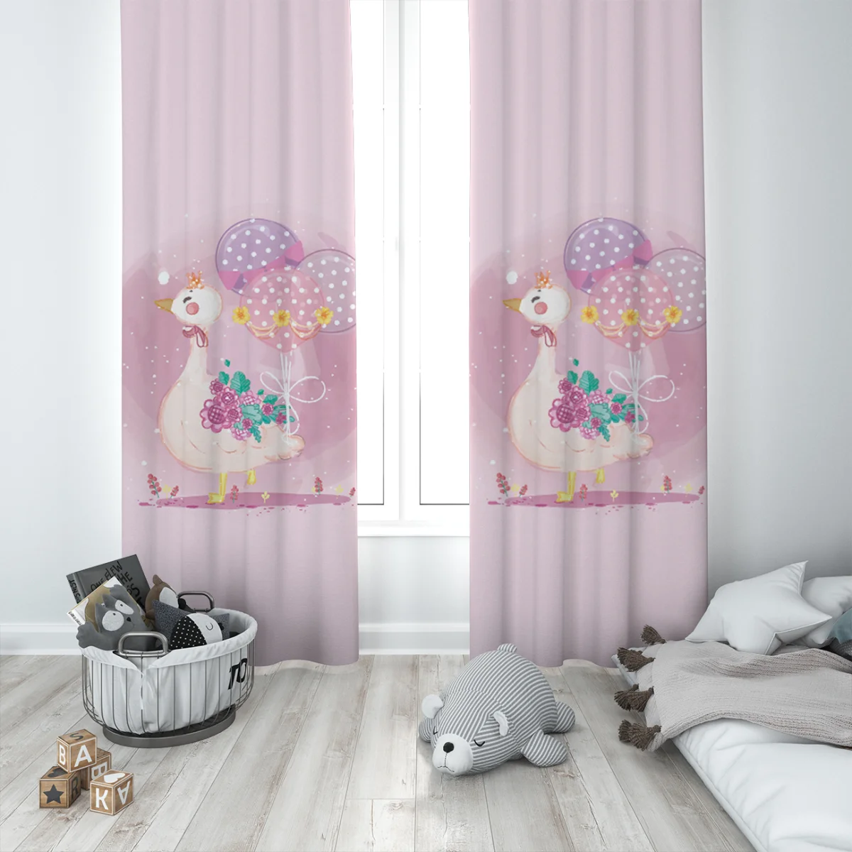 Prenses Kaz Fon Perde | Pembe balonlar, çiçekler Desenli