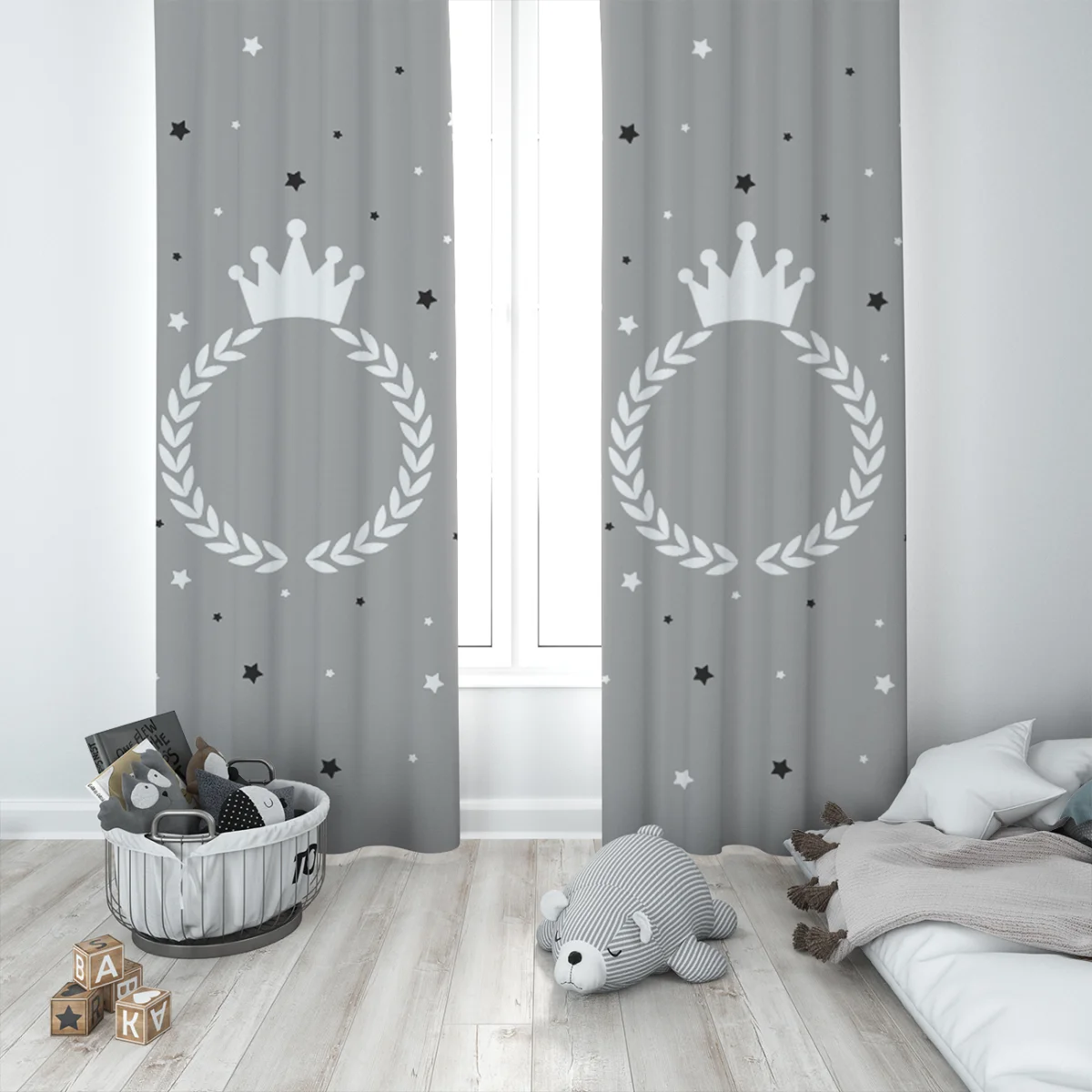 Kraliyet / Taç Fon Perde | Gri Yıldızlar, defne yaprağı çelengi Desenli