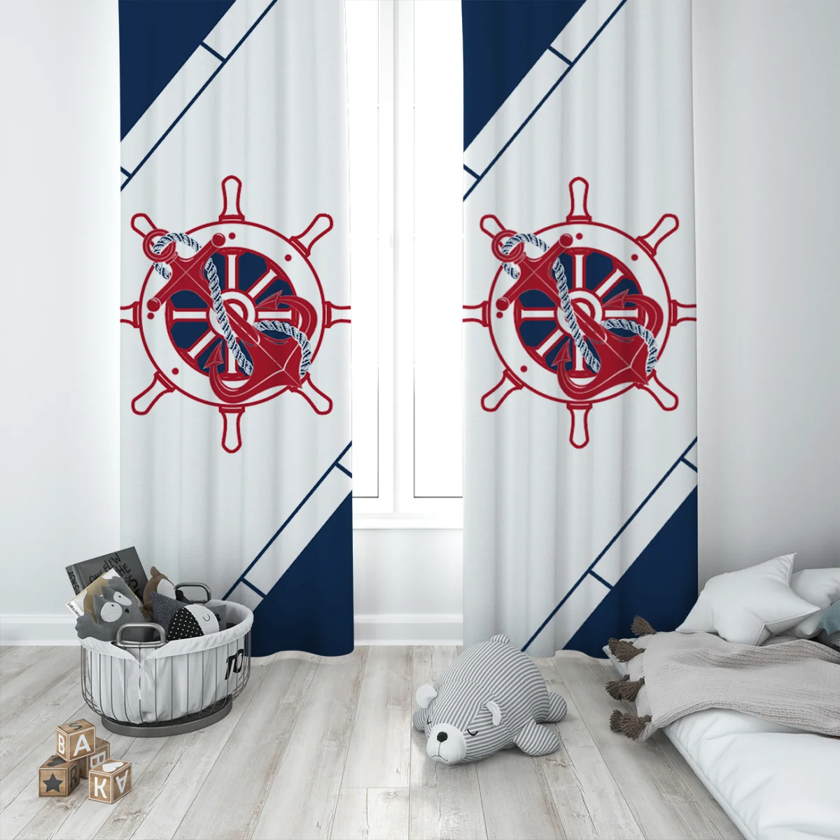 Denizci Fon Perde | Beyaz Gemi dümeni, çapa Desenli