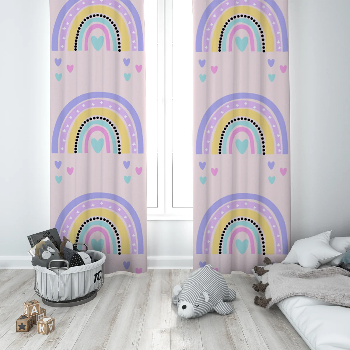 Gökkuşağı Fon Perde | Pembe gökkuşağı, kalpler Desenli