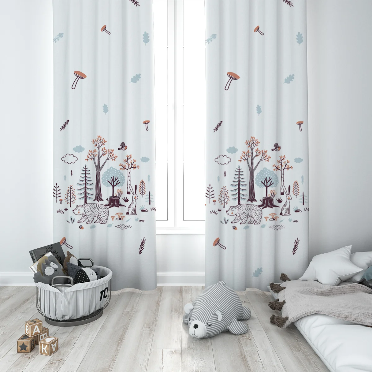 Orman Hayvanları Fon Perde | Beyaz ağaçlar, ayı Desenli