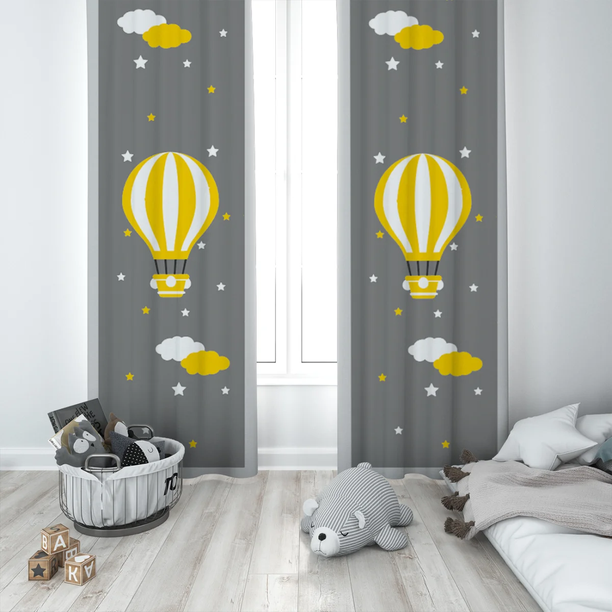Sıcak hava balonu Fon Perde | Gri yıldız, bulut Desenli