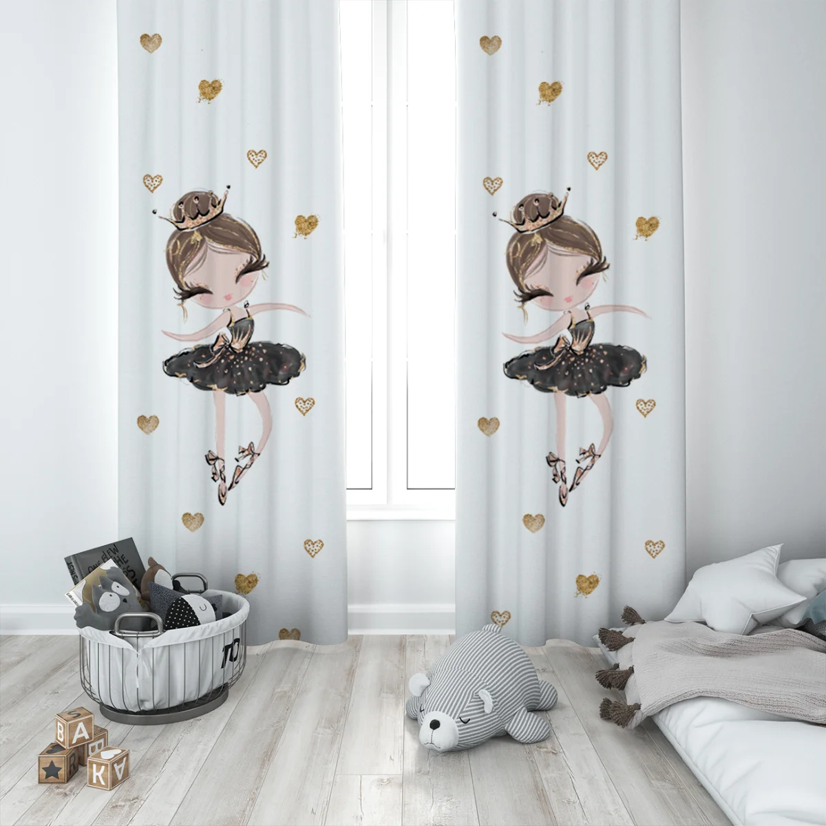 Balerin Fon Perde | Beyaz Altın kalpler Desenli