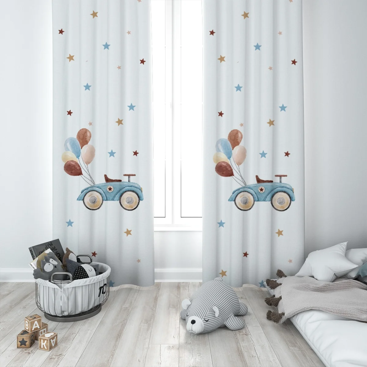 Oyuncak Araba Fon Perde | Beyaz yıldızlar, balonlar Desenli