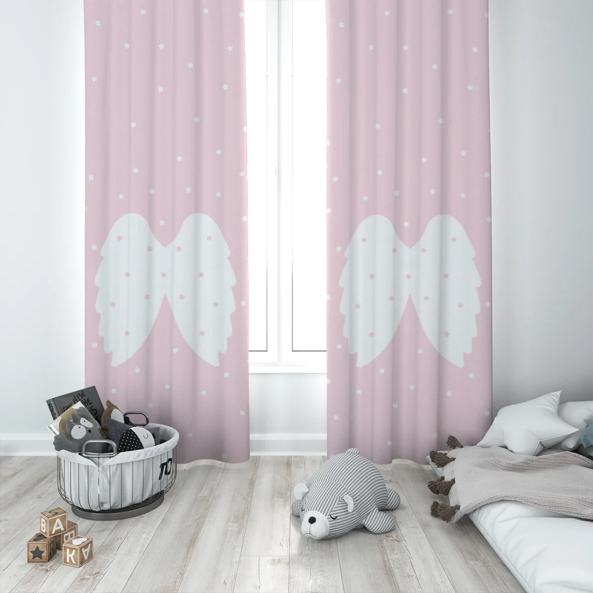 Melek Kanatları Fon Perde | Pembe yıldızlar Desenli