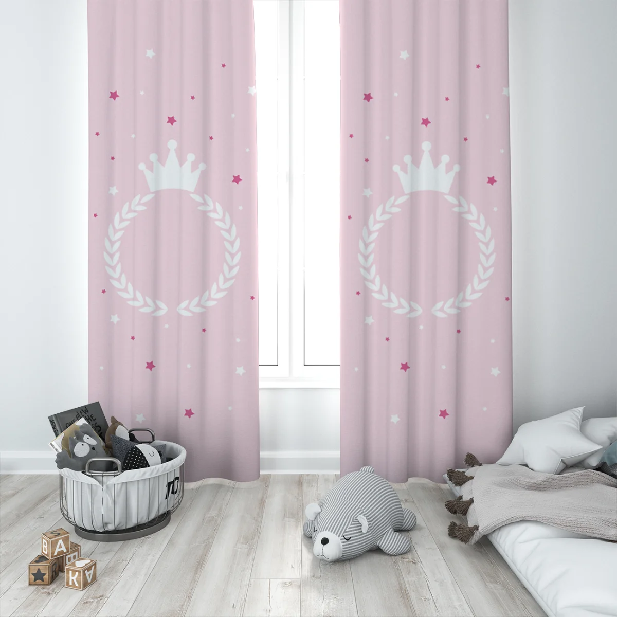 Prenses Fon Perde | Pembe taç, defne çelengi ve yıldızlar Desenli