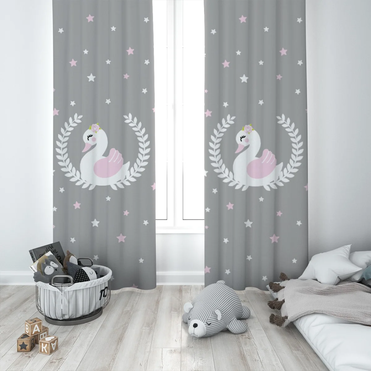 Kuğu Fon Perde | Gri yıldız, yaprak çelenk Desenli