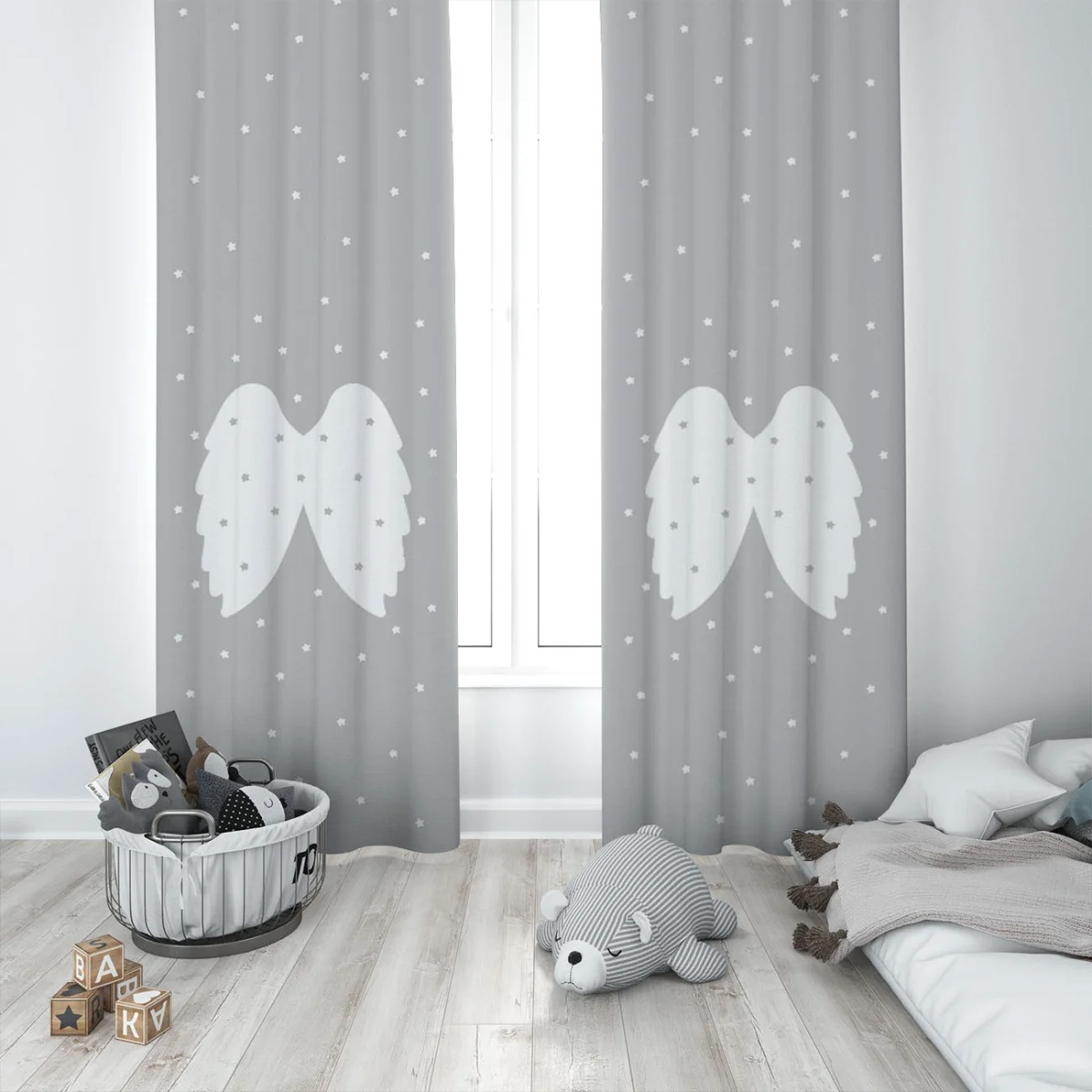 Melek Kanatları Fon Perde | Gri yıldız Desenli