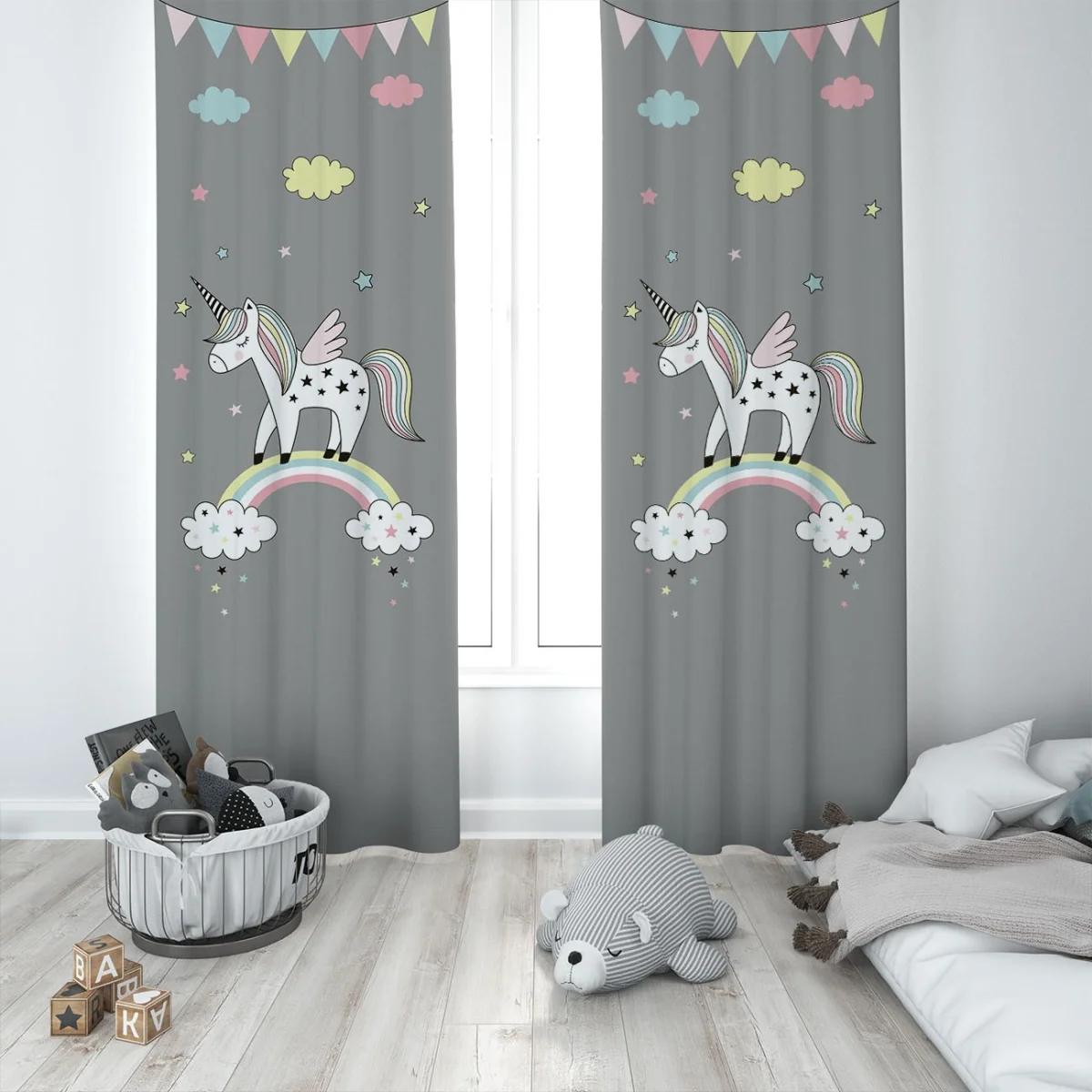 Unicorn Fon Perde | Gri yıldız, bulut Desenli