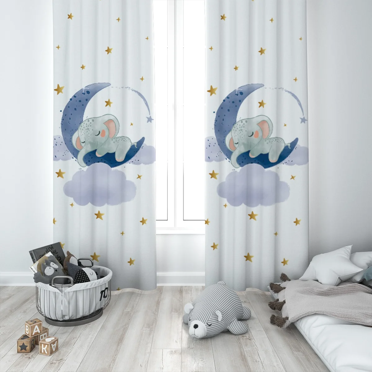 Uyuyan Fil ve Ay Fon Perde | Beyaz yıldızlar, bulutlar Desenli