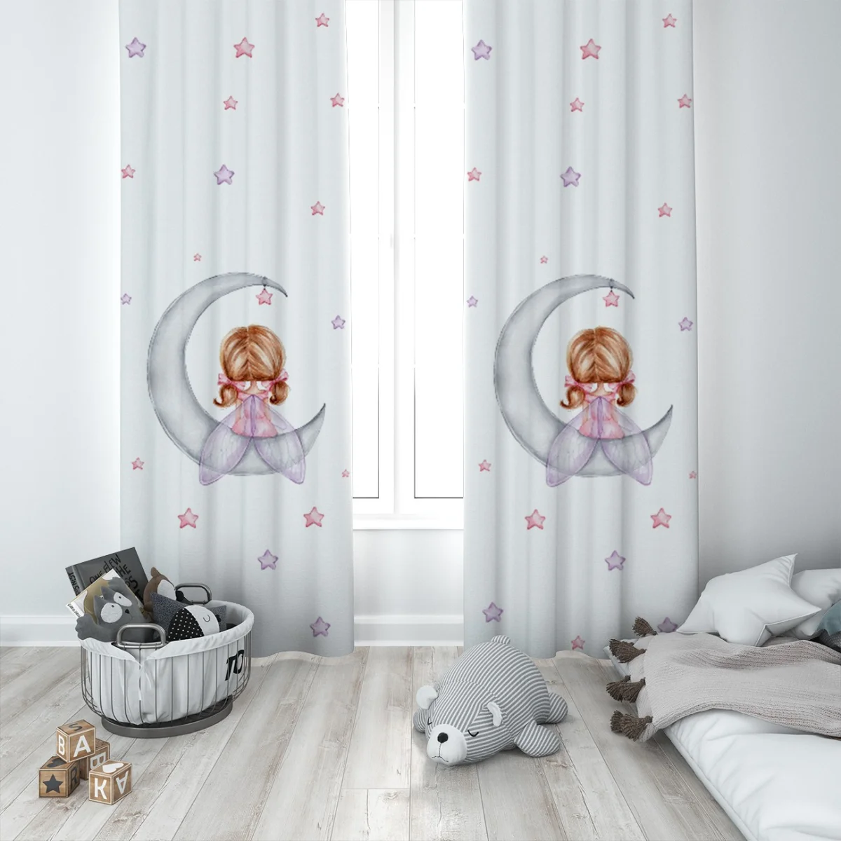 Ay ve peri Fon Perde | Beyaz Yıldızlar Desenli