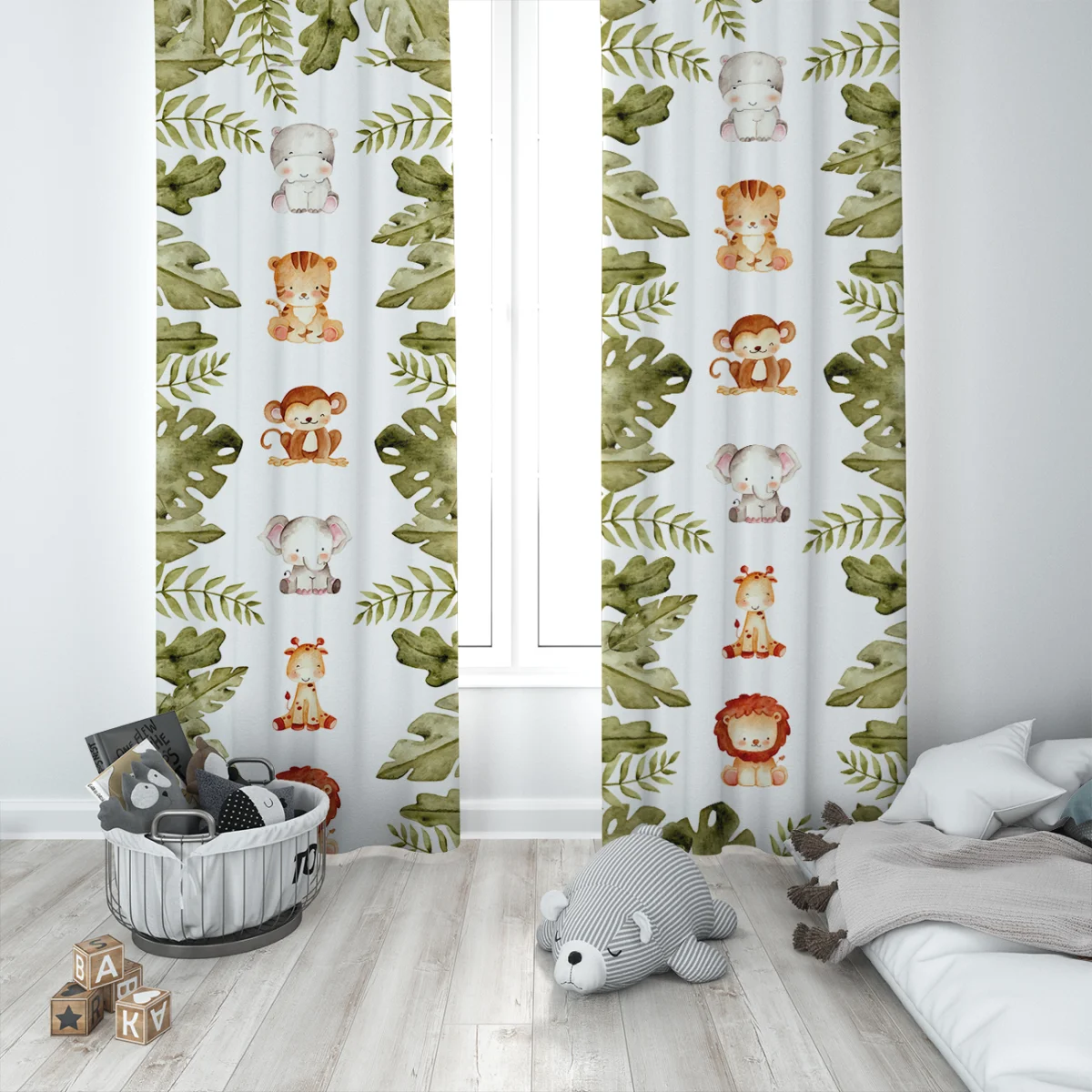 Orman Hayvanları Fon Perde | Beyaz yeşil yapraklar, safari cipi Desenli
