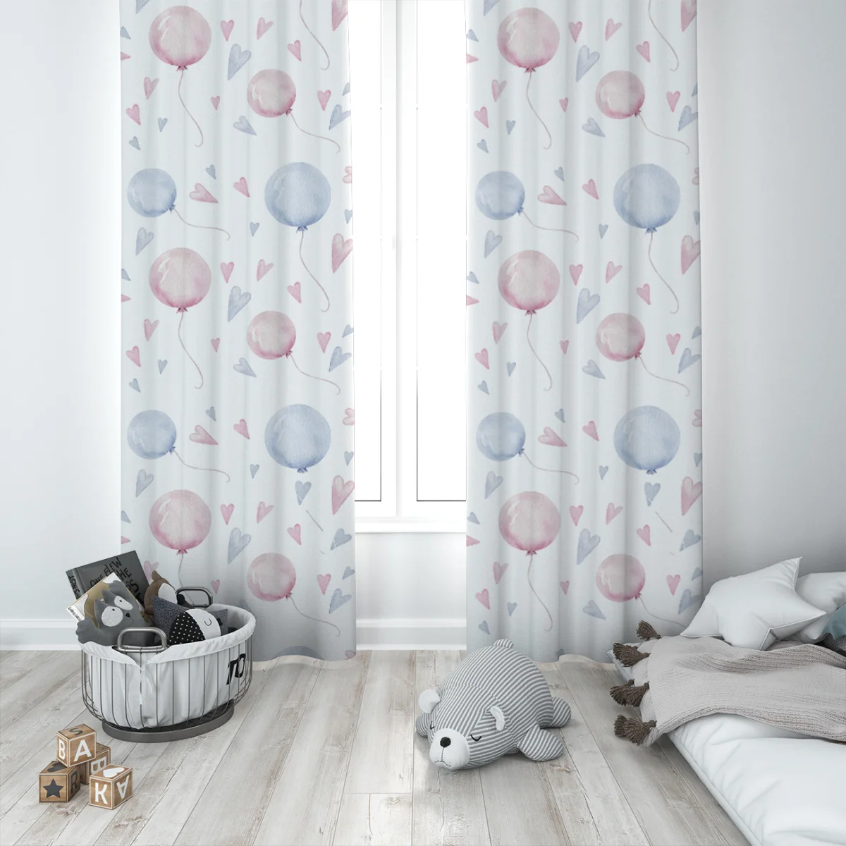 Balonlar ve Kalpler Fon Perde | Beyaz Pembe ve mavi balonlar, pembe ve mavi kalpler Desenli