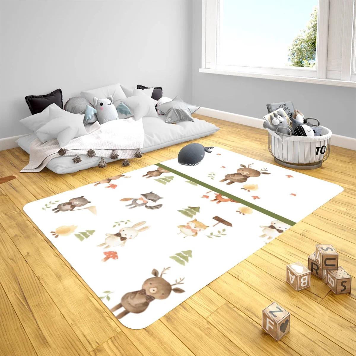Orman Hayvanları Çocuk Halısı | Beyaz mantar, ağaç Desenli