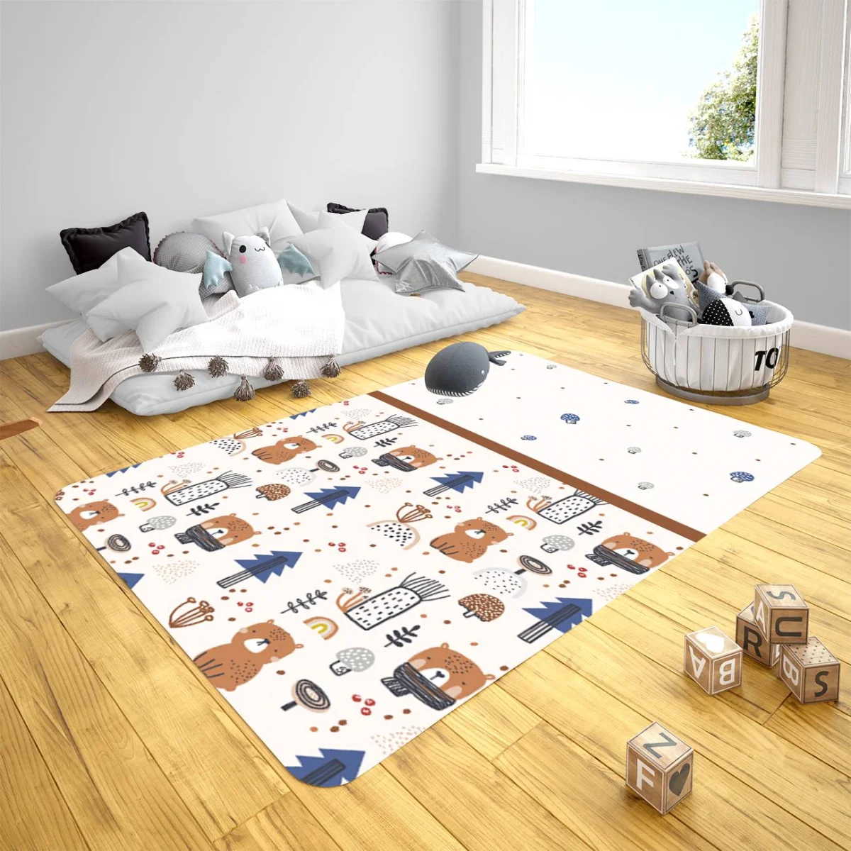 Orman Hayvanları Çocuk Halısı | Beyaz ayıcıklar, ağaçlar Desenli