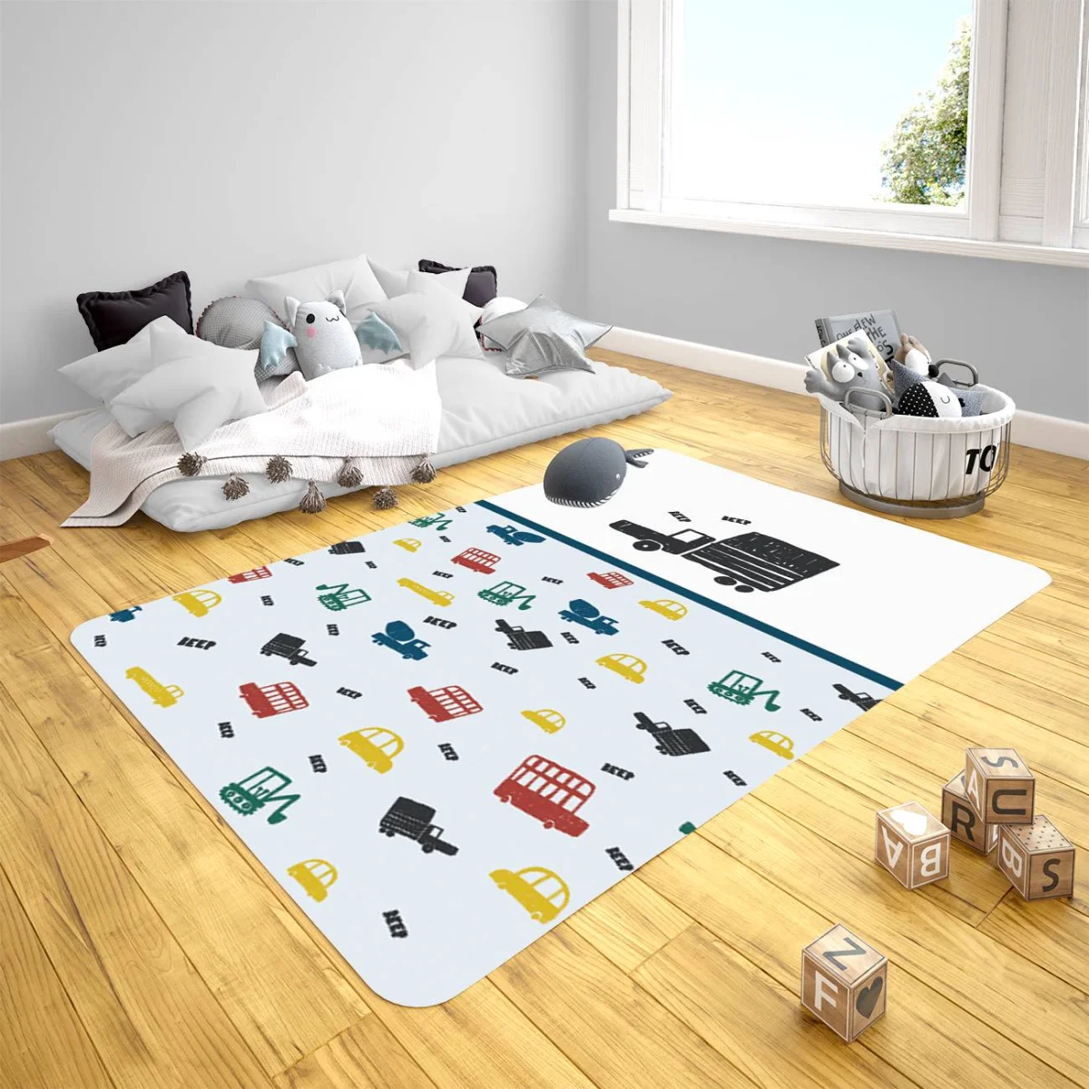 İnşaat Araçları, Taşıtlar Çocuk Halısı | Beyaz BEEP yazıları, renkli kamyon Desenli