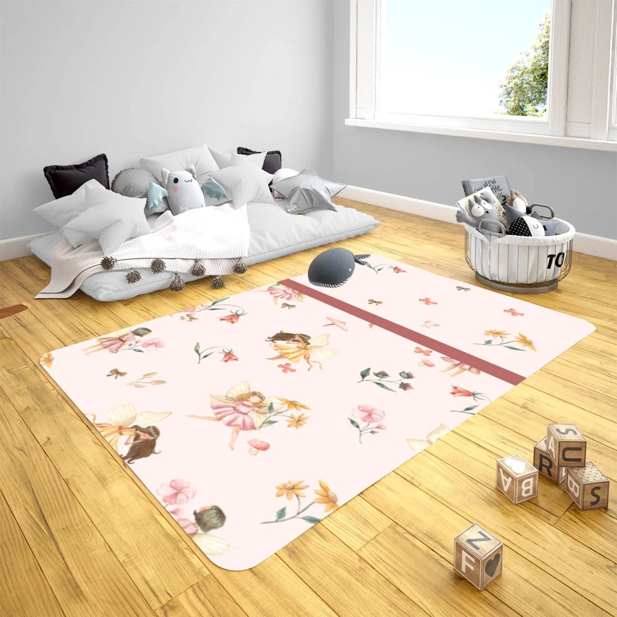 Periler Çocuk Halısı | Pembe Çiçekler, mantarlar ve kelebekler Desenli