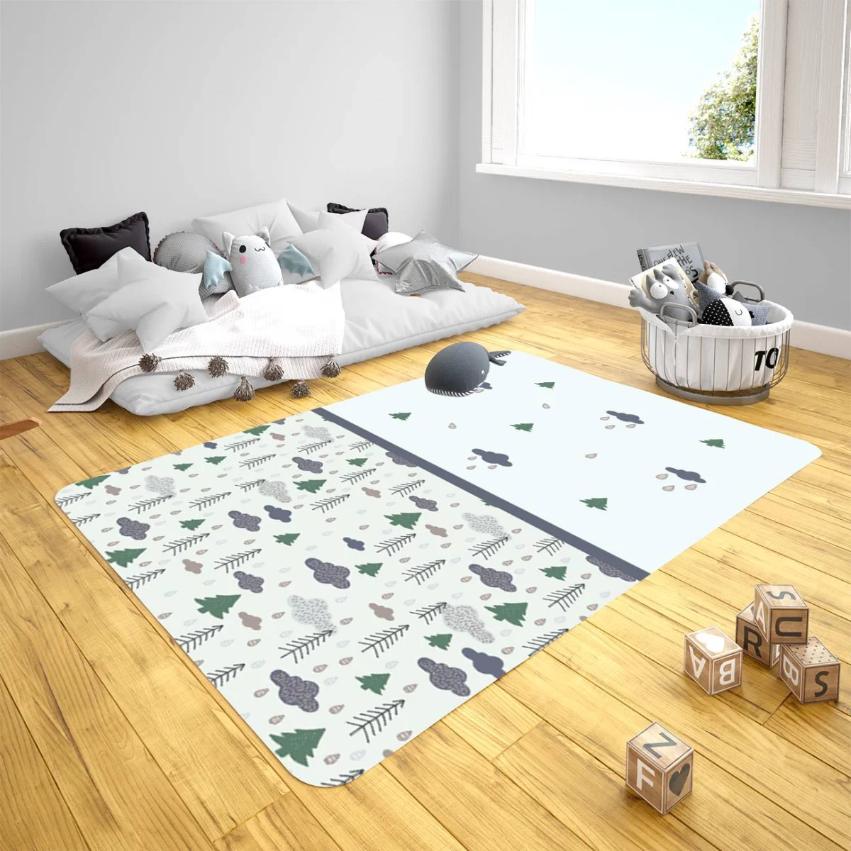 Orman Çocuk Halısı | Açık Mavi çam ağaçları, bulutlar Desenli