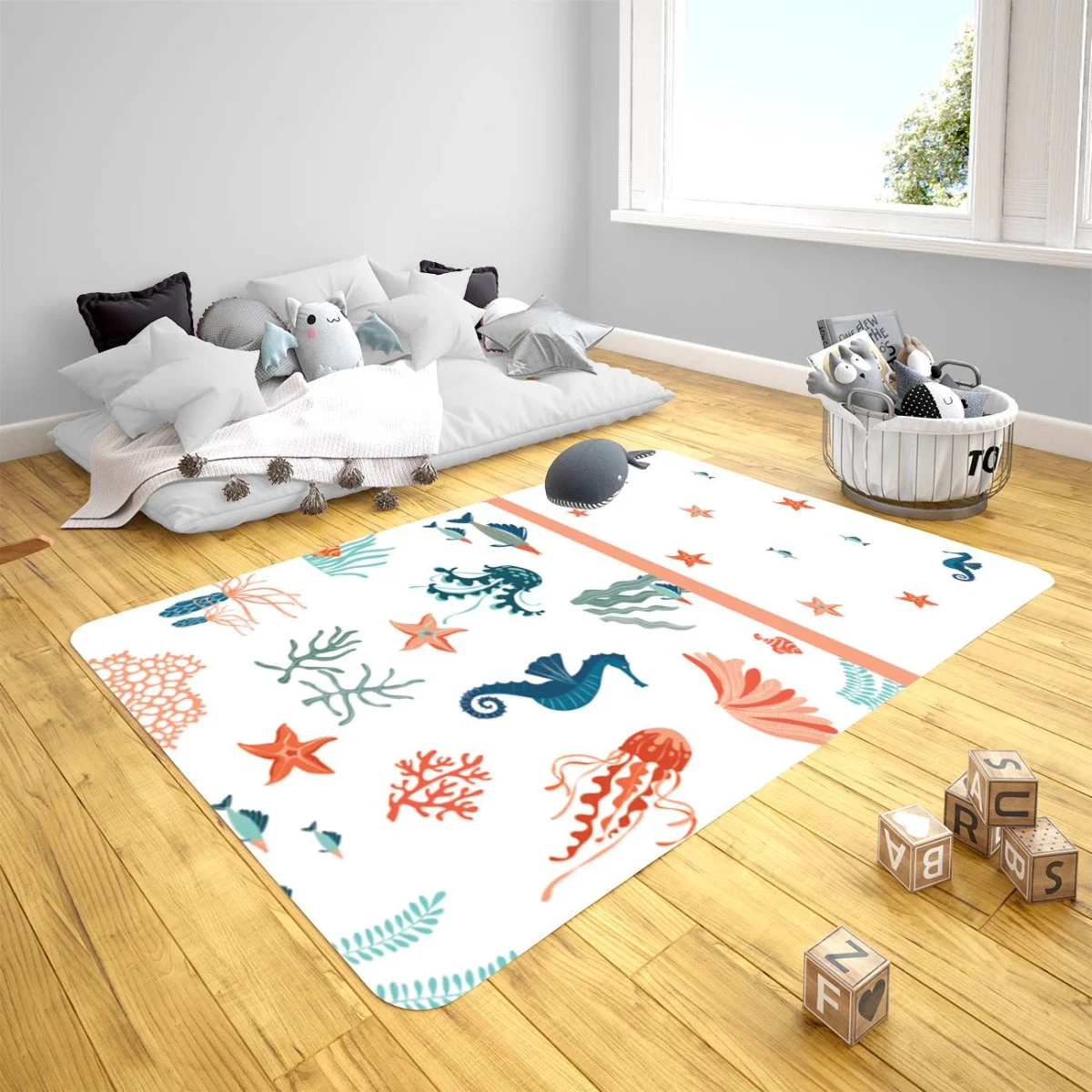 Deniz Canlıları Çocuk Halısı | Beyaz yıldızlar, deniz atları Desenli