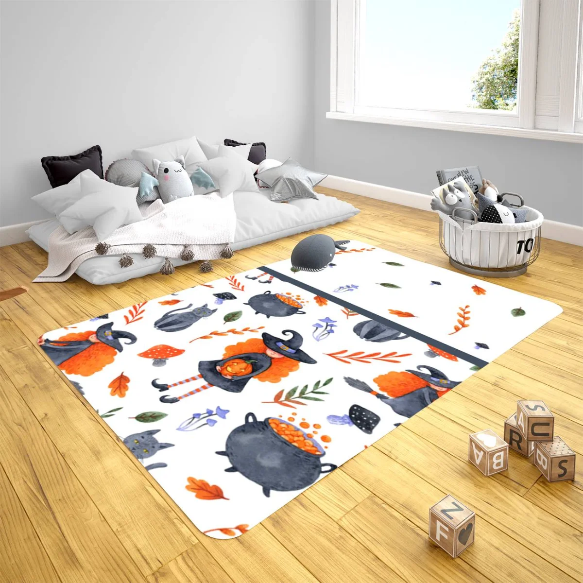 Cadı ve Halloween Çocuk Halısı | Beyaz cadı, kara kedi Desenli