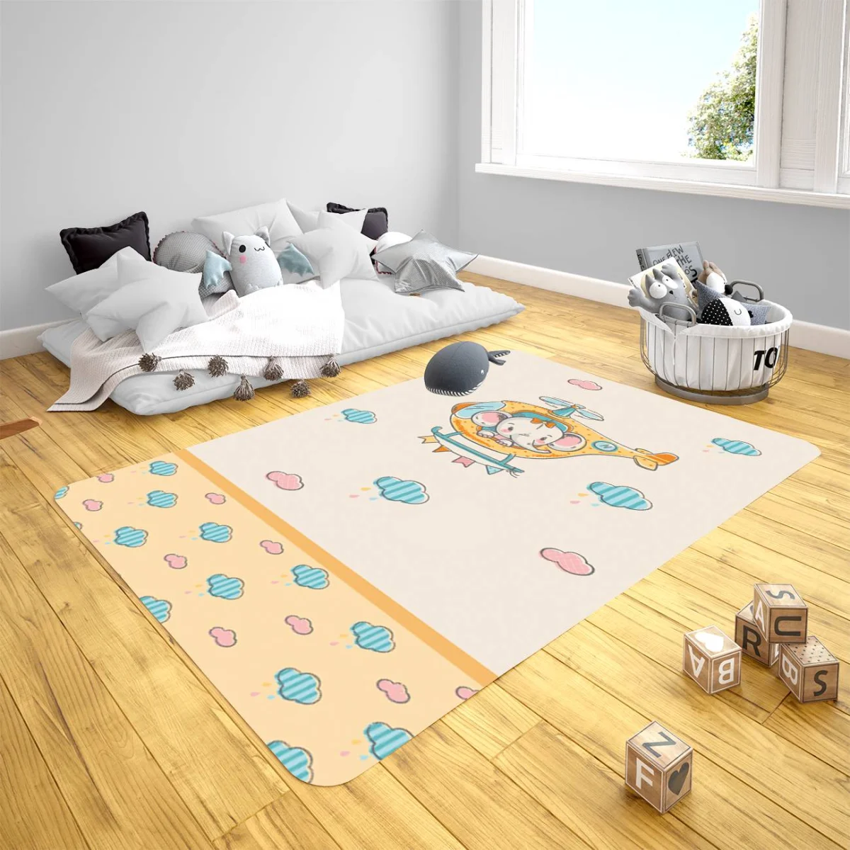 Uçan Fil Çocuk Halısı | Bej bulut, yağmur damlası Desenli