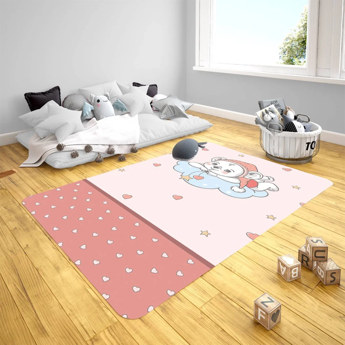 Ayıcık Çocuk Halısı | Pembe Ayıcık, bulut Desenli