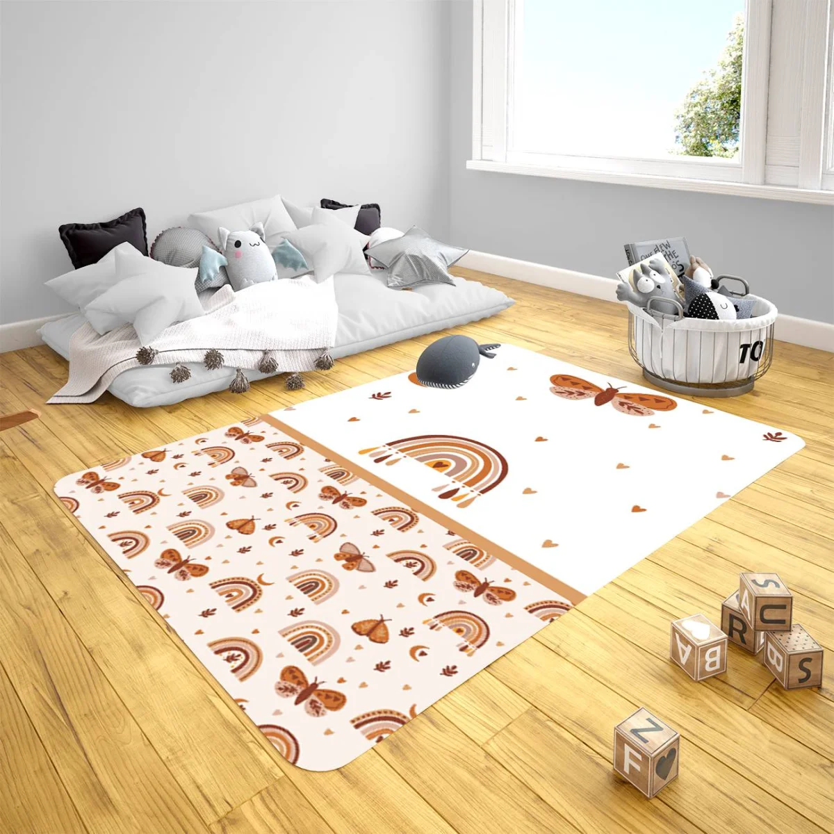 Gökkuşağı Çocuk Halısı | Beyaz Ay, kalpler Desenli