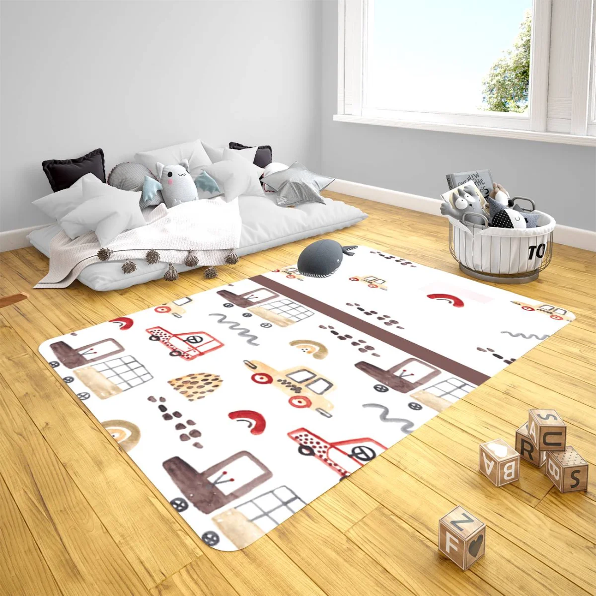 Araçlar Çocuk Halısı | Beyaz arabalar, kamyonlar Desenli