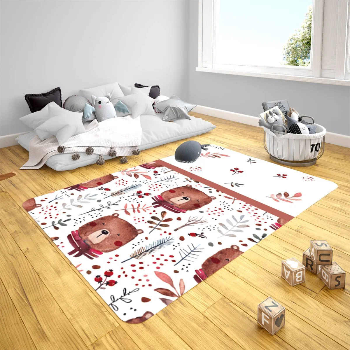 Orman Hayvanları Çocuk Halısı | Beyaz yapraklar, kırmızı meyveler Desenli