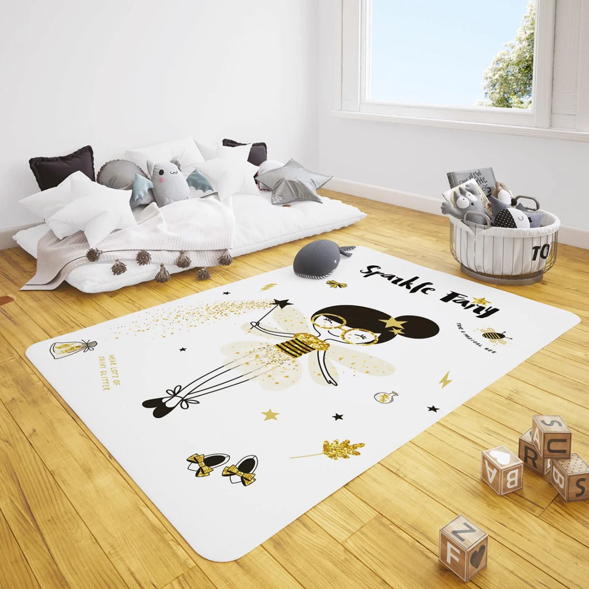 Orman Hayvanları Çocuk Halısı | Beyaz yapraklar, kırmızı meyveler Desenli