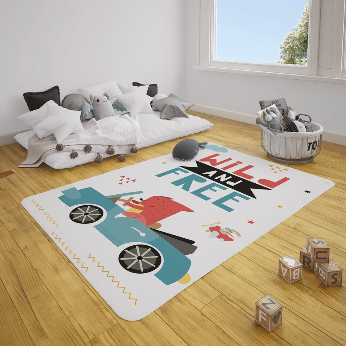 Hayvanlar ve araçlar Çocuk Halısı | Beyaz Bulutlar, yıldızlar Desenli