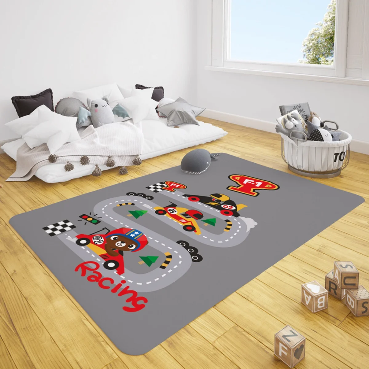 Go-kart yarışı Çocuk Halısı | Gri Yarış pisti, ağaçlar Desenli