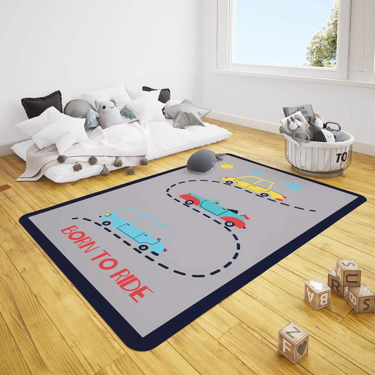 Arabalar Çocuk Halısı | Gri güneş, bulutlar Desenli