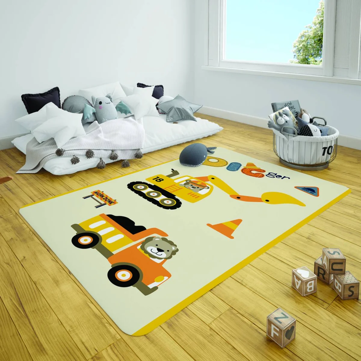 İş Makineleri ve Şantiye Hayvanları Çocuk Halısı | Beyaz iş makineleri, sevimli hayvanlar Desenli